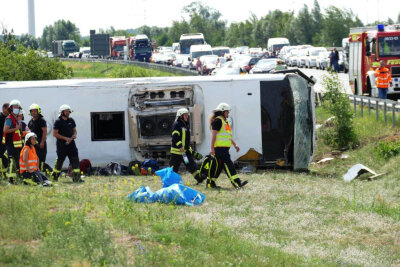 Reisebus überschlägt sich auf A13 - mehrere Menschen verletzt - Rettungskräfte sind an der Unfallstelle im Einsatz. Auf der Autobahn 13 bei Schönwald (Dahme-Spreewald) südöstlich von Berlin ist ein Reisebus verunglückt. Dabei wurden mehrere Menschen verletzt. 