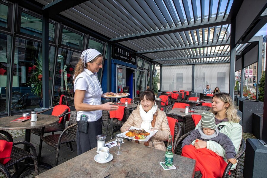Restaurant am Postplatz in Plauen: Schottet sich das Theatercafé jetzt ab? - Die Lamellen am Dach können so verstellt werden, dass sie das Licht entweder einlassen oder abweisen.