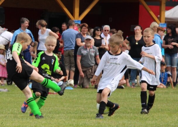 Premiere: Die jungen Spieler der neu zusammengestellten F-Junioren-Mannschaft aus Rossau (weiß) zeigten im Freundschaftsspiel gegen den LSV Sachsenburg, was sie schon können. 