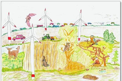 Sachsen - Land der Windkraftgegner? Von wegen: Dieses Dorf liebt Windräder - Das Siegerbild zum Windparkfest: Helena Keil aus der Klasse 4 der Grundschule Sitten zeichnete ihre Heimat.