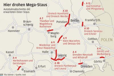 Sachsen startet in die Osterferien: Hier drohen im Osten heute Mega-Staus - Auf diesen rot eingefärbten Autobahn-Abschnitte schätzt der Automobilclub von Deutschland (AvD) die Staugefahr als sehr hoch ein.