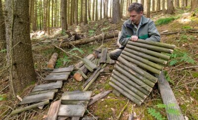 Sachsenforst kämpft gegen illegale Downhill-Strecken im Wald bei Wilischthal - Revierleiter Thomas Köhler vor den Überresten einer aus Holz gebauten Schanze. 
