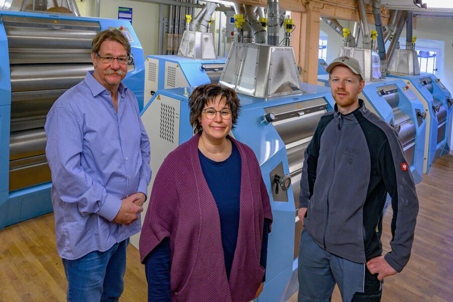 Führen das Geschäft der Mühle im Dreier-Team: Thomas Rolle (links), Anne Rolle-Baldauf und Frank Rolle. 