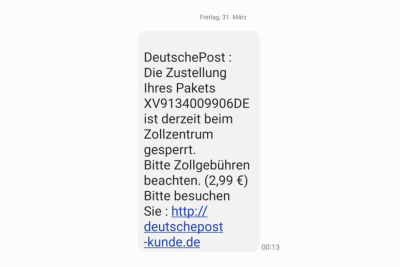 Sachsens Zoll warnt: Neue Betrugsmasche mit Paket-Zustellnachrichten - Der Zoll warnt: Fallen Sie nicht auf Fake-SMS wie diese herein. 