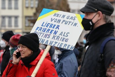 Scholz bremst bei russischem Ölembargo - "Kein Gas von Putin. Lieber frieren als den Krieg finanzieren", steht auf Plakat einer Frau während einer Kundgebung , die am Samstag in Erfurt gegen den Ukraine-Krieg stattfand. 