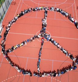 Schüler formen Peace-Zeichen - Mit einer Menschenkette haben Schülerinnen und Schüler der Oberschule Lichtenau zum Abschluss eines Projekttages ein riesengroßes Friedenszeichen auf dem Ballspielfeld gebildet.