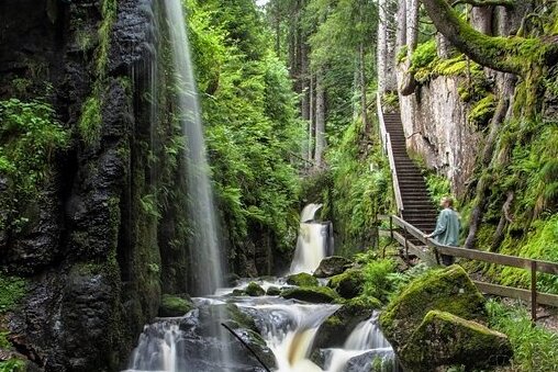 Schwarzwald - aber grün! - Durch bis zu 30 Meter hohe Felsschluchten tosen die Fluten des Menzenschwander Wasserfalls in St. Blasien. In den Sommermonaten wird das Tal, durch das ein Holzpfad führt, in den Abendstunden beleuchtet. Rutschfeste Schuhe werden empfohlen! 