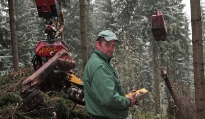 
              <p class="artikelinhalt">Sebastian Bergelt vom Ansprunger Forstbetrieb bedient den Kran, der das Holz vom Hang zerrt. Die Einsatzstelle befindet sich nur einige Meter vom Grünen Graben entfernt.</p>
            