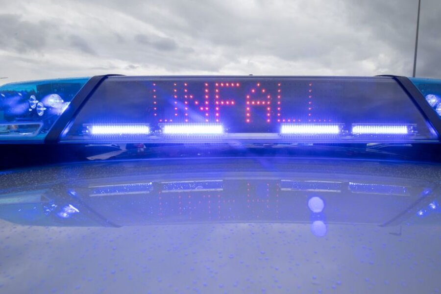 Ein Blaulicht und eine LED-Anzeige leuchten auf dem Dach eines Polizeifahrzeugs.