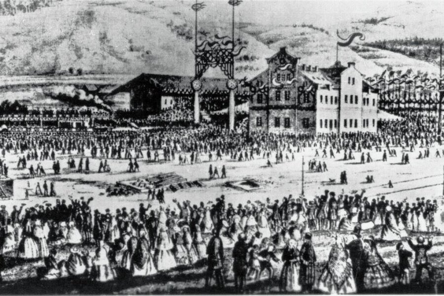 Seit 165 Jahren rollen Züge zwischen Schwarzenberg und Zwickau - Zeitgenössische Darstellung des Bahnhofs Schwarzenberg bei seiner Einweihung am 11. Mai 1858. 