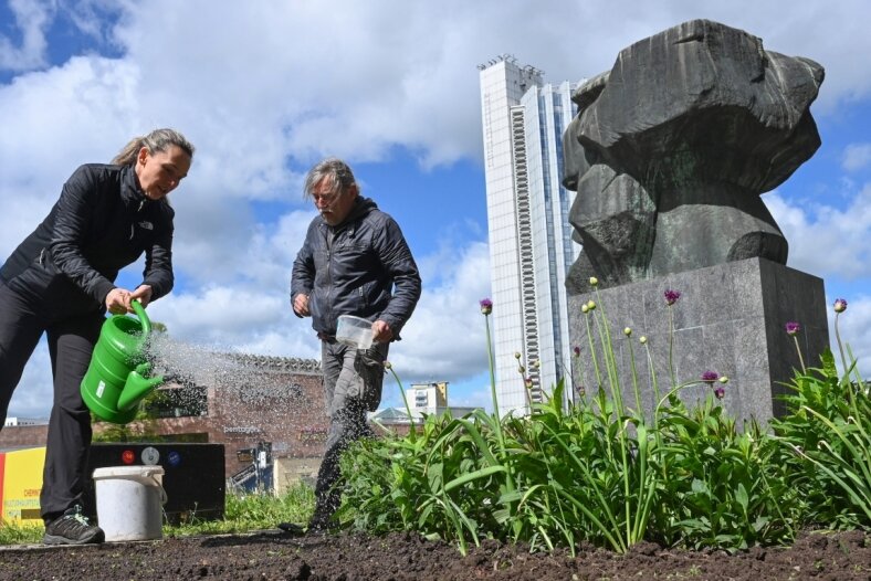 So grün wird Chemnitz in diesem Jahr - Ulrike Voigt und Matthias Höppner, der beim Verein Nachhall aktiv ist, sähen eine Blühmischung auf einem der Beete am Marx-Monument aus. Die Chemnitzerin kümmert sich seit dem vorigen Jahr um eine Grünfläche am Denkmal. Auch Sonnenblumen sollen dort dieses Jahr blühen.