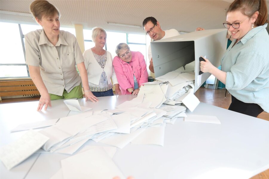 So läuft der Wahlsonntag im Vogtland: Erste Ergebnisse liegen vor, Zwischenfall beim Auszählen in Plauen - Im Wahllokal der ehemaligen Allendeschule in Plauen werden seit 18 Uhr die Stimmen ausgezählt.