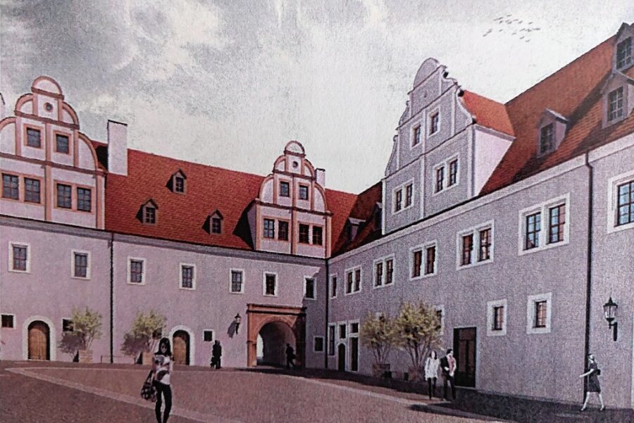 So soll der Glauchauer Schlosshof mal aussehen - Die Fassade des Innenhofes von Schloss Forderglauchau soll hellgrau werden. Die Giebel und der Durchgang am Ostflügel bekommen Gestaltungsornamente aus rotem Porphyr.