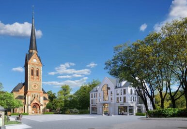 So soll der Kirchplatz-Neubau in Bad Elster aussehen - Ein Dresdner Unternehmen erhielt den Zuschlag für den Neubau auf der rechten Seite des Platzes.
