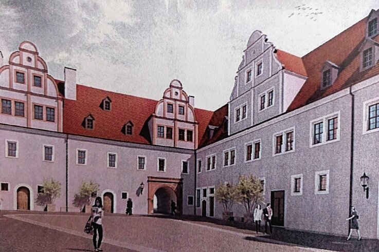 So soll der Schlosshof mal aussehen - Die Fassade des Innenhofes von Schloss Forderglauchau soll hellgrau werden. Die Giebel und der Durchgang am Ostflügel bekommen Gestaltungsornamente aus rotem Porphyr.