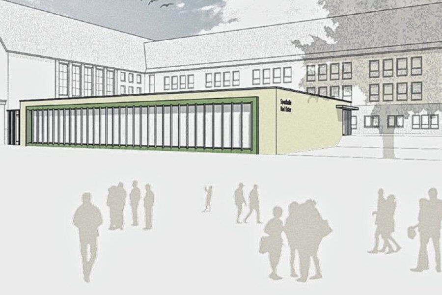 So soll die neue Turnhalle von Bad Elster aussehen - Der Blick von außen auf die geplante Anderthalbfeldhalle an der Schule Bad Elster. Sie soll ab 2025 gebaut werden. 