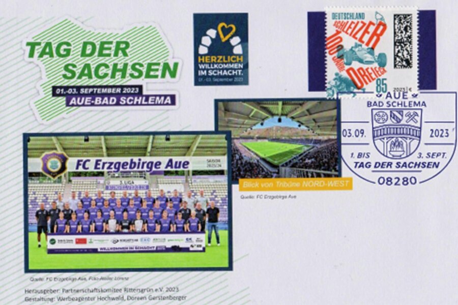 Sonderbrief zum Tag der Sachsen in Aue würdigt FC Erzgebirge - Einer der sechs Sonderbriefe zum Tag der Sachsen 2023 ist dem FC Erzgebirge Aue und dem Erzgebirgsstadion gewidmet.
