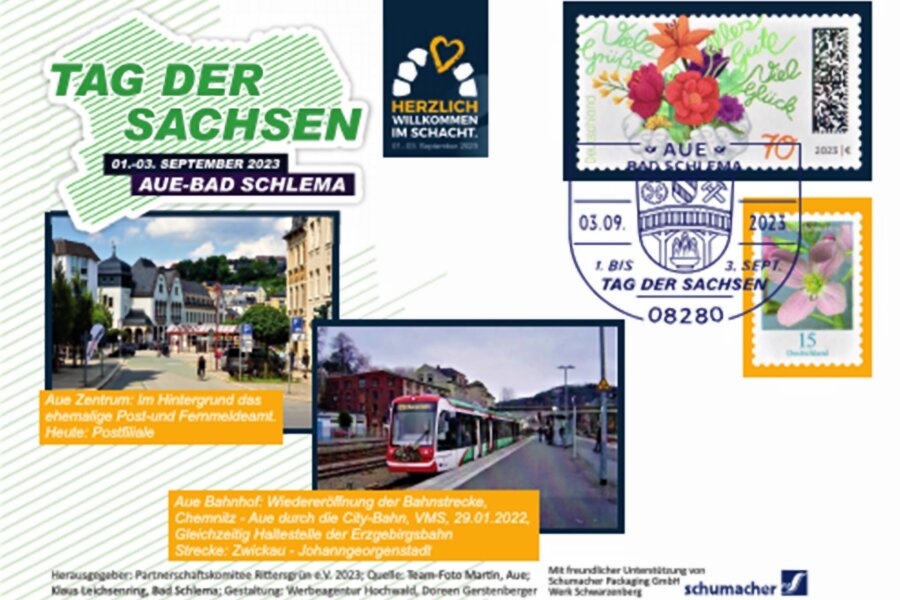 Sonderbriefe und Briefmarken würdigen Tag der Sachsen in Aue-Bad Schlema - Einer der sechs Sonderbriefe zum Tag der Sachsen 2023 in Aue-Bad Schlema ist Post und Bahn gewidmet. Hier ist auch der Sonderstempel zu sehen.