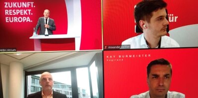 SPD-Kanzlerkandidat besucht Vogtland virtuell - Olaf Scholz (links oben), Kanzlerkandidat der SPD, stellte sich über das Internet am Donnerstagabend Fragen aus dem Vogtland.