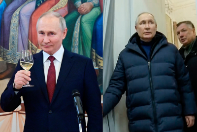 Spekulation nach Krim- und Mariupol-Besuch: Hat Putin einen Doppelgänger geschickt? - Hat der russische Präsident aus Angst vor Anschlägen ein Double auf die Krim und nach Mariupol geschickt? Links Putin in China, rechts in Mariupol.