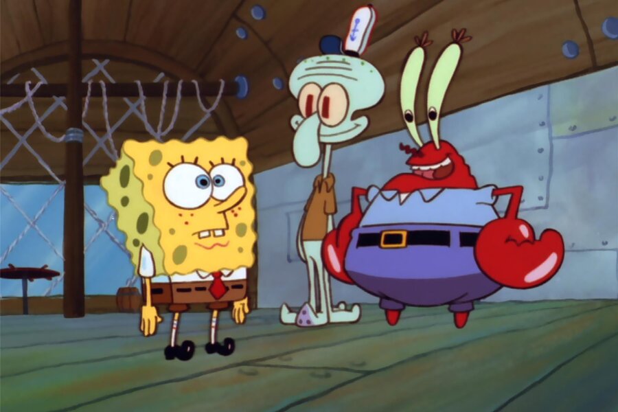Spongebob feiert Jubiläum: Der Burger-Brater von Bikini Bottom wird 25! - Die Mannschaft der „Krossen Krabbe“ (v.l.): Spongebob, Thaddäus und Inhaber Eugene Krabs.