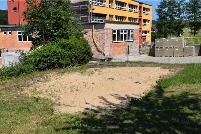Sportunterricht auf Pausenplatz und öffentlicher Straße - Eine Anlage für das Kugelstoßen sieht anders aus. Doch die Oberschüler aus Rechenberg-Bienenmühle müssen mit Wiese und Sandloch auskommen.