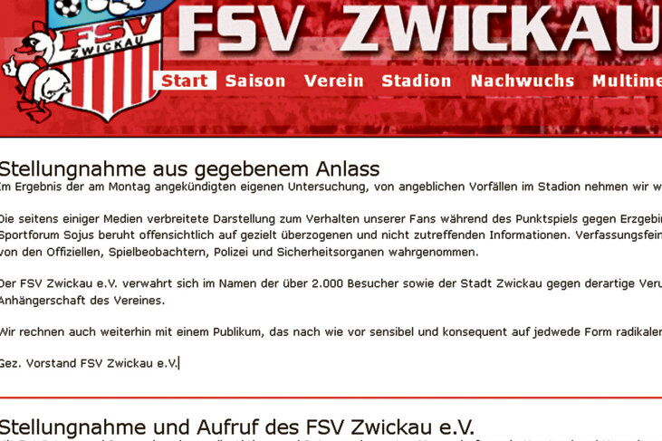 Staatsanwaltschaft intensiviert Ermittlungen gegen FSV Zwickau - Zwei sich zum Teil widersprechende Stellungnahmen sind seit Mittwoch auf dem offiziellen Internetauftritt des FSV Zwickau zu lesen.