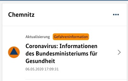 Stadt Chemnitz nutzt ab sofort Warn-App für Notfälle - So sieht sie aus, die Warnapp "NINA", die nun auch Chemnitz nutzt. 