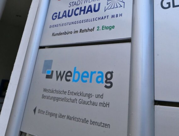 Stadtrat in Sorge um Wirtschaftsförderung - Das Firmenschild der Glauchauer Wirtschaftsförderungsgesellschaft Weberag am Ratshof. 