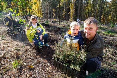 Stadtwald am Galgenberg erhält 650 neue Bäume - Mit Kind und Kinderwagen dabei: Tabea und Markus Hausmann mit Dean und John.