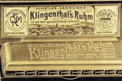 Historische Werbeanzeige für Mundharmonikas der vogtländischen Firma Otto Meinel. 
