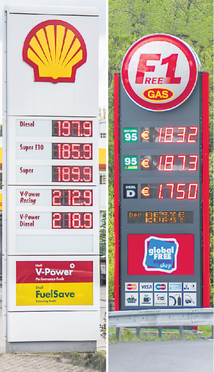 Die Preise an den Tankstellen in Olbernhau und Brandov am gestrigen Mittwoch. 