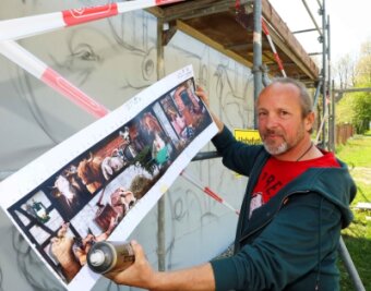 Tasso verewigt Landleben in Sichem - Graffiti-Künstler Tasso aus Meerane hat am Dienstag an der Wohn- und Pflegestätte "Max Schubert" in tierisches Projekt begonnen.
