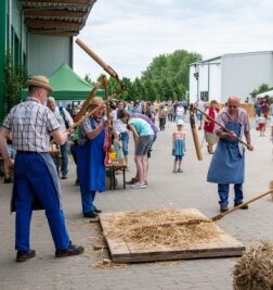 Tausende Gäste auf Hoffest in Naundorf - Welch harte Arbeit die Landwirtschaft einst war, erfuhren die Gäste beispielsweise durch Vorführungen der Dreschflegelgruppe aus Drehbach. 