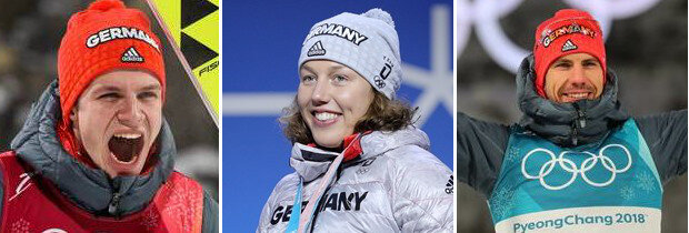 Strahlende Olympia-Sieger aus Deutschland: Skispringer Andreas Wellinger, Biathletin Laura Dahlmeier und Biathlet Arnd Pfeiffer
