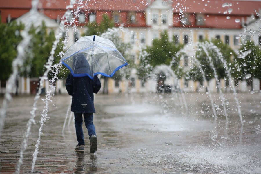 Teils Regen und Gewitter am Mittwoch in Sachsen-Anhalt - Ein Kind geht mit einem Schild bei Regenwetter durch ein Wasserspiel auf dem Domplatz.