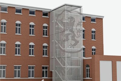Teuere Fluchttreppe an Auerbacher Rathaus sorgt für Diskussion - Eine 3-D-Grafik zeigt die Stahlkonstruktion an der Rückseite des Rathauses. Als Extra wird der Löwe aus dem Wappen eingearbeitet.