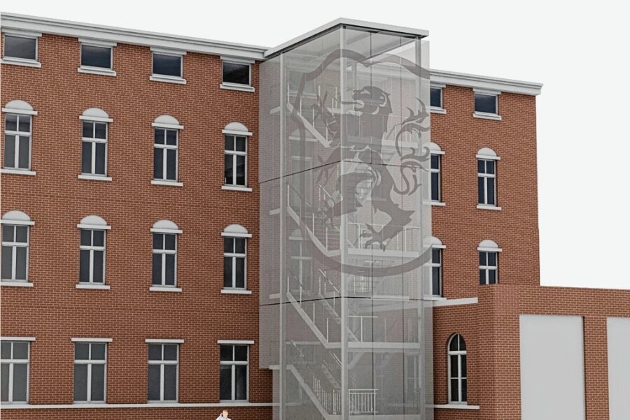 Eine 3-D-Grafik zeigt die Stahlkonstruktion an der Rückseite des Rathauses. Als Extra wird der Löwe aus dem Wappen eingearbeitet.