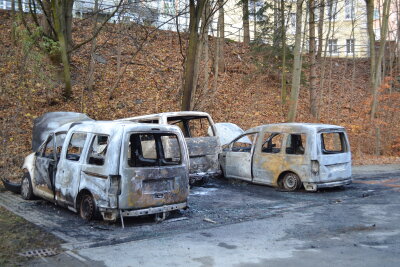 Theater-Fahrzeuge gehen in Flammen auf - Die ausgebrannten Fahrzeuge. 