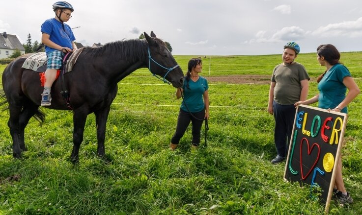 Therapeutin aus Crottendorf setzt auf Arbeit mit Tieren - Während der Therapieeinheit auf dem Pferd werden auf spielerische Art auch schulische Aufgaben gelöst. 