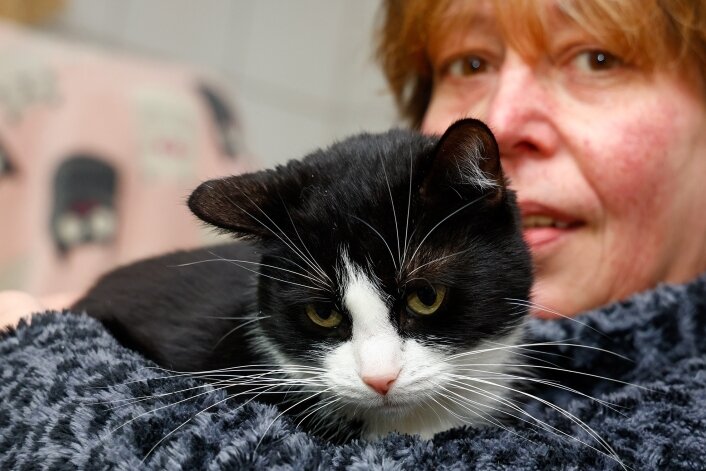 Mitarbeiterin Birgit Gaudlitz hat Katze Emilie auf dem Arm, die Mieter einer Wohnung beim Auszug zurückließen.