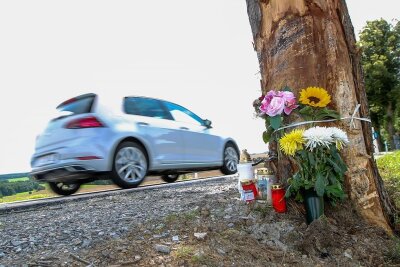 Tödliche Unfälle auf der B 169 bei Plauen: Fahrer starben am selben Baum - Trauernde haben Kerzen und Blumen an dem Baum hinterlassen, an dem zwei junge Männer verunglückten.
