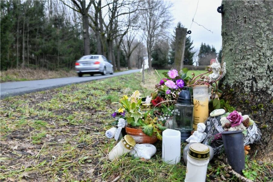 Tödlicher Unfall am Tierheim: Was bislang bekannt ist - An der Unfallstelle an der Straße Münzbachtal kurz hinter dem Ortsausgangsschild von Freiberg erinnerten auch am Mittwoch Blumen und Kerzen an die 42-Jährige, die hier am 30. Januar dieses Jahres tödlich verletzt worden war. 