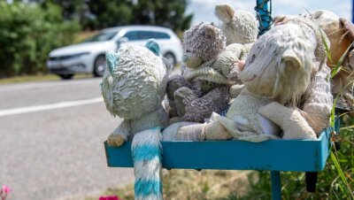 Tödlicher Unfall: Geldstrafe für Fahrer - Ein Gedenkort mit Plüschtieren und Blumen erinnert an den schrecklichen Verkehrsunfall bei Oberhain, bei dem ein elfjähriges Mädchen im März 2019 ums Leben gekommen war.