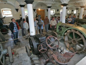 Trecker ziehen Besucher ins Schloss - 
              <p class="artikelinhalt">Volker Wild (links) zeigt die historischen Traktoren. </p>
            
