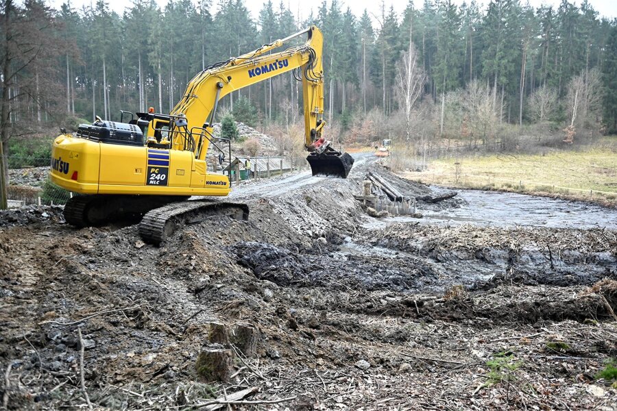Überschwemmungen künftig verhindern: Teich oberhalb Klein-Vogtland wird saniert - Die Oelsnitzer Firma Knoll Tiefbau und Abbruch GmbH Vogtland saniert das Stillgewässers in Adorf.