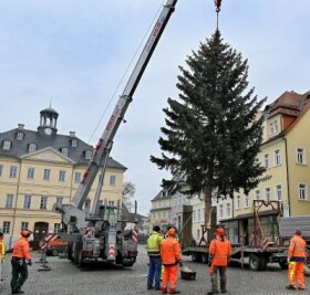 Unfall auf der Autobahn bremst den Weihnachtsbaum aus - Gegen 13.30 Uhr hing der Weihnachtsbaum auf dem Markt in Hainichen am Kran. 