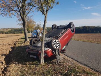 Unfall bei Glauchau - Auto landet auf Dach - Der Honda blieb an einem Baum liegen.