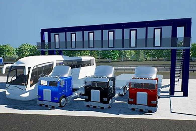 Zwei Unternehmen haben Übernachtungsmöglichkeiten für Lkw entwickelt. Die Module sind auf Hochgestellen angeordnet. 
