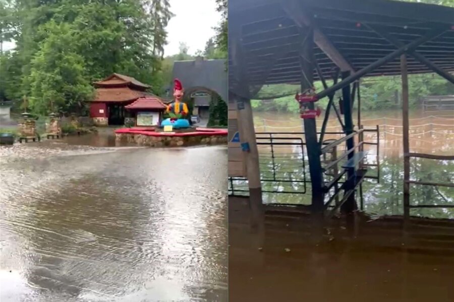 Unwetter im Vogtland: Teile des Freizeitparks Plohn überflutet - Landunter hieß es am Samstag im Freizeitpark Plohn. Der Wartebereich der Floßfahrt und der Platz am Märchenbrunnen wurden überflutet.